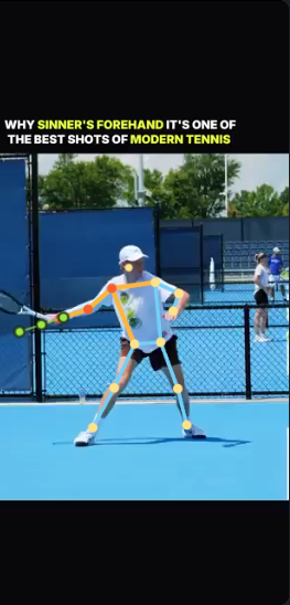 Sinner forehand demo with pose skeleton and racket tracking overlay on video
